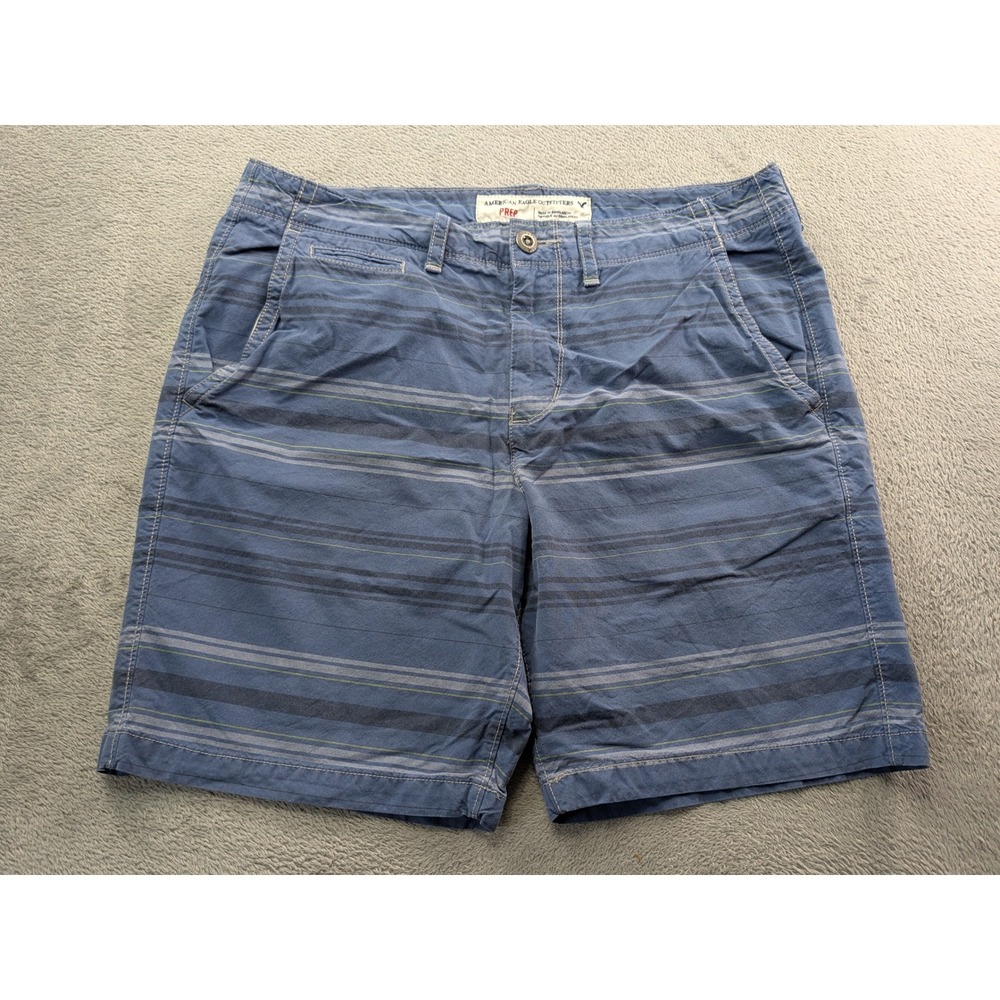 American Eagle Outfitters Prep Shorts Mens 36 Blue Striped Chino Cotton 9 Inseam